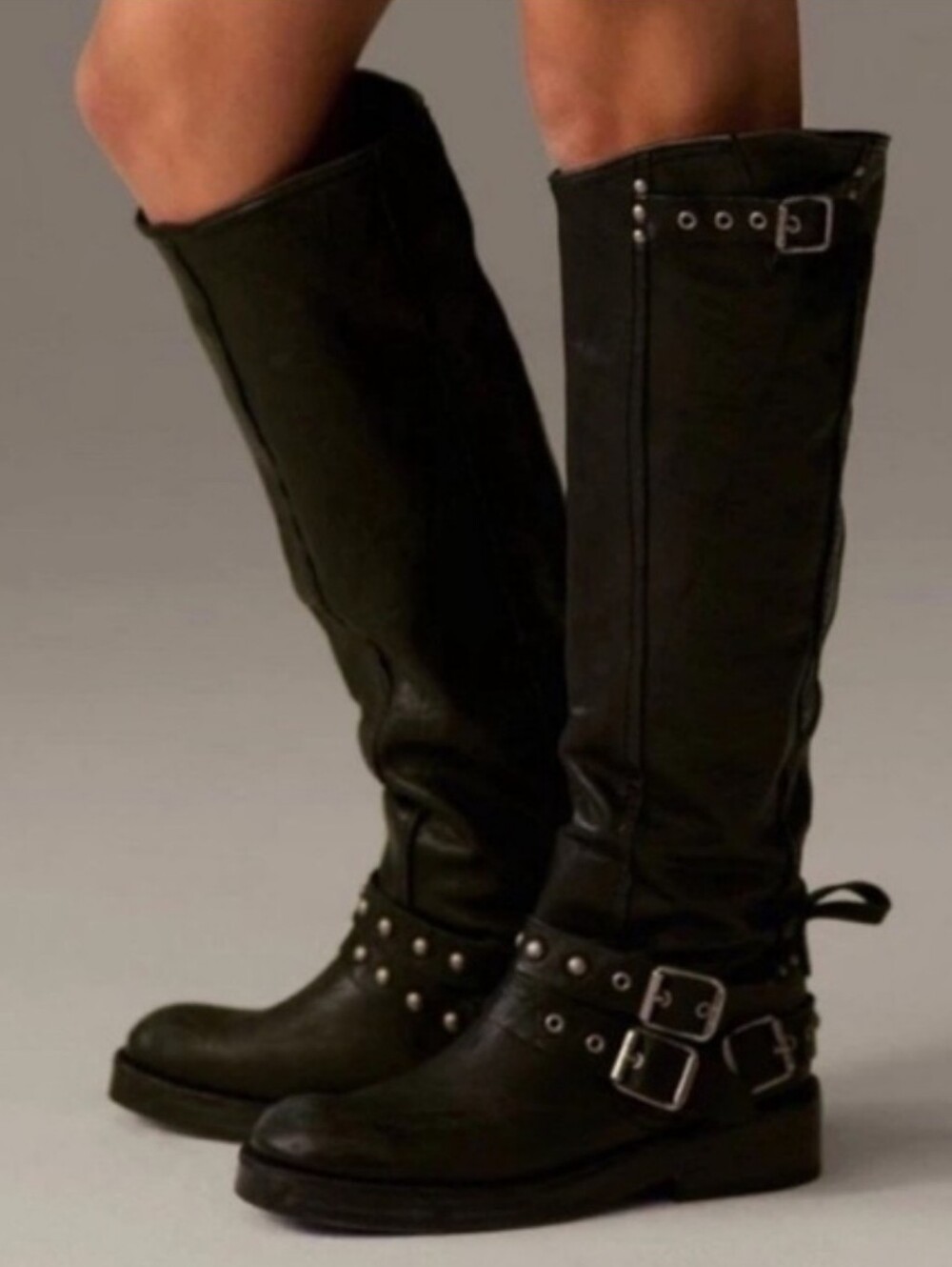 We The Free Janey Engineer Boots Tall Calf Black Leather Strap Stud Size 9.5